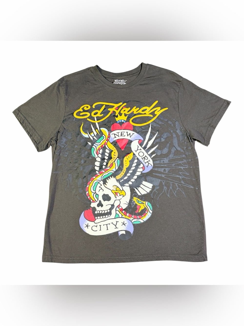 Ed Hardy NYC Tattoo Graphic T-Shirt Men’s Medium Gray Skull Snake Eagle Retro